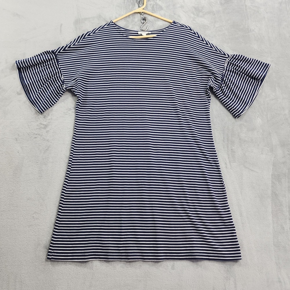 Beach Lunch Lounge Dress Womens L Blue Striped Short Ruffled Bell Sleeve Casual